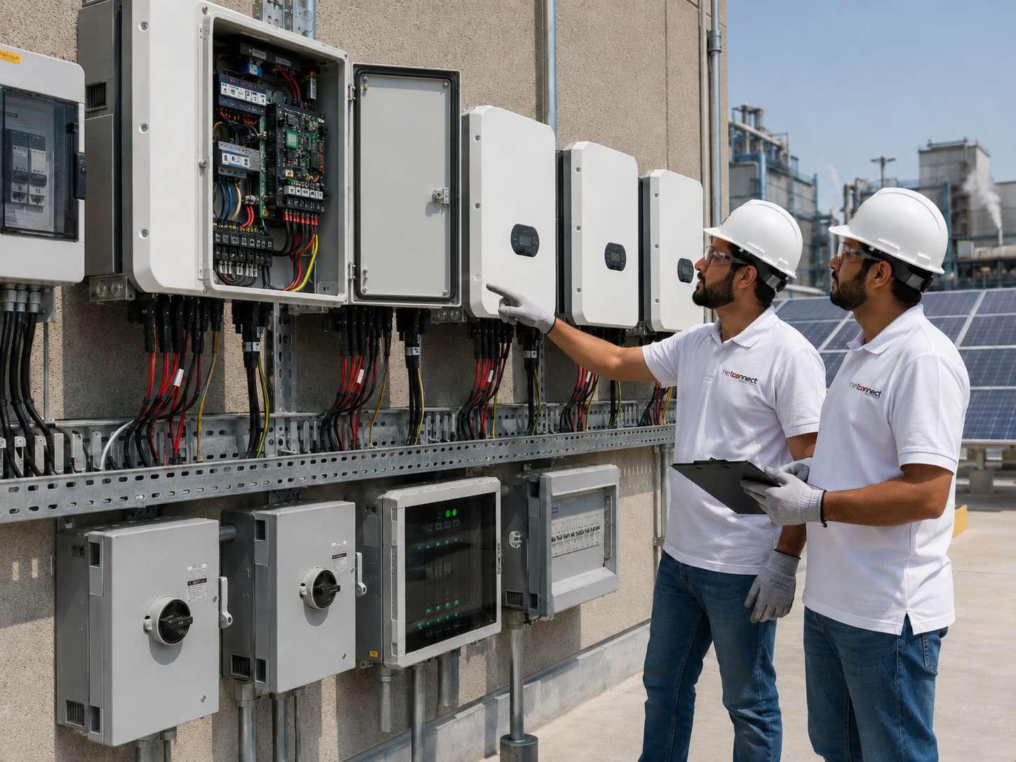 NCT engineers inspecting inverters and electrical protection for an industrial solar installation in Pakistan