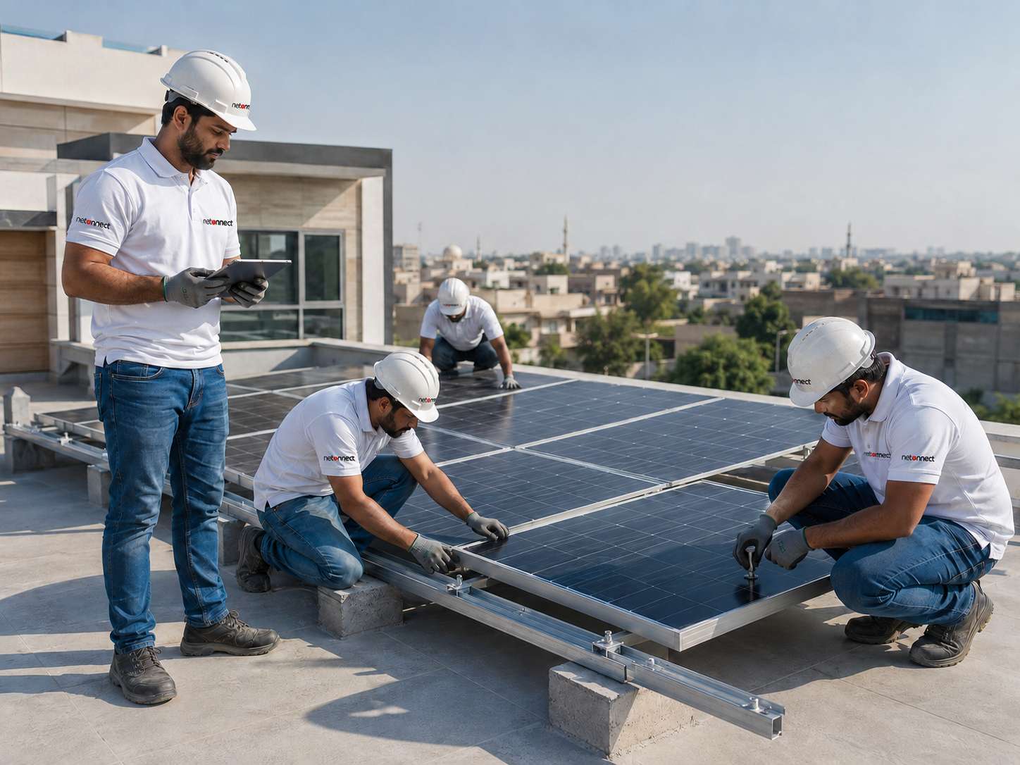 NCT residential solar installation team fitting rooftop solar panels in Pakistan
