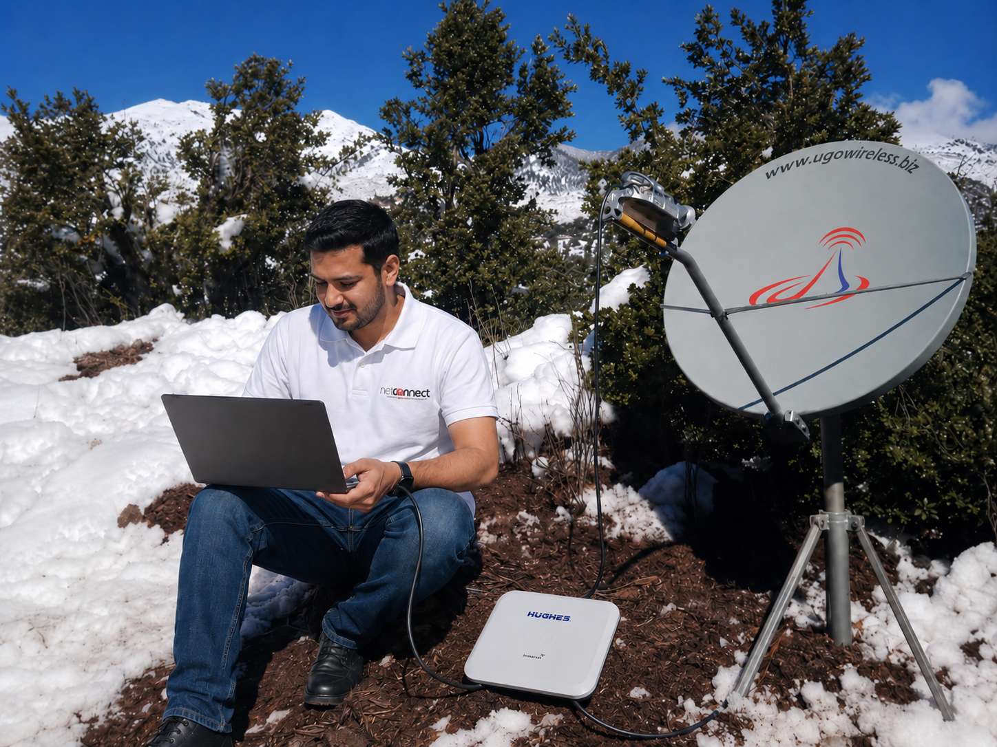 Net Connect satellite dish installed on a snow-covered mountain in Pakistan