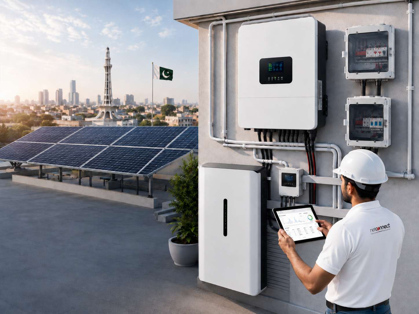 NCT solar panels, inverter, battery storage and protection equipment configuration in Pakistan