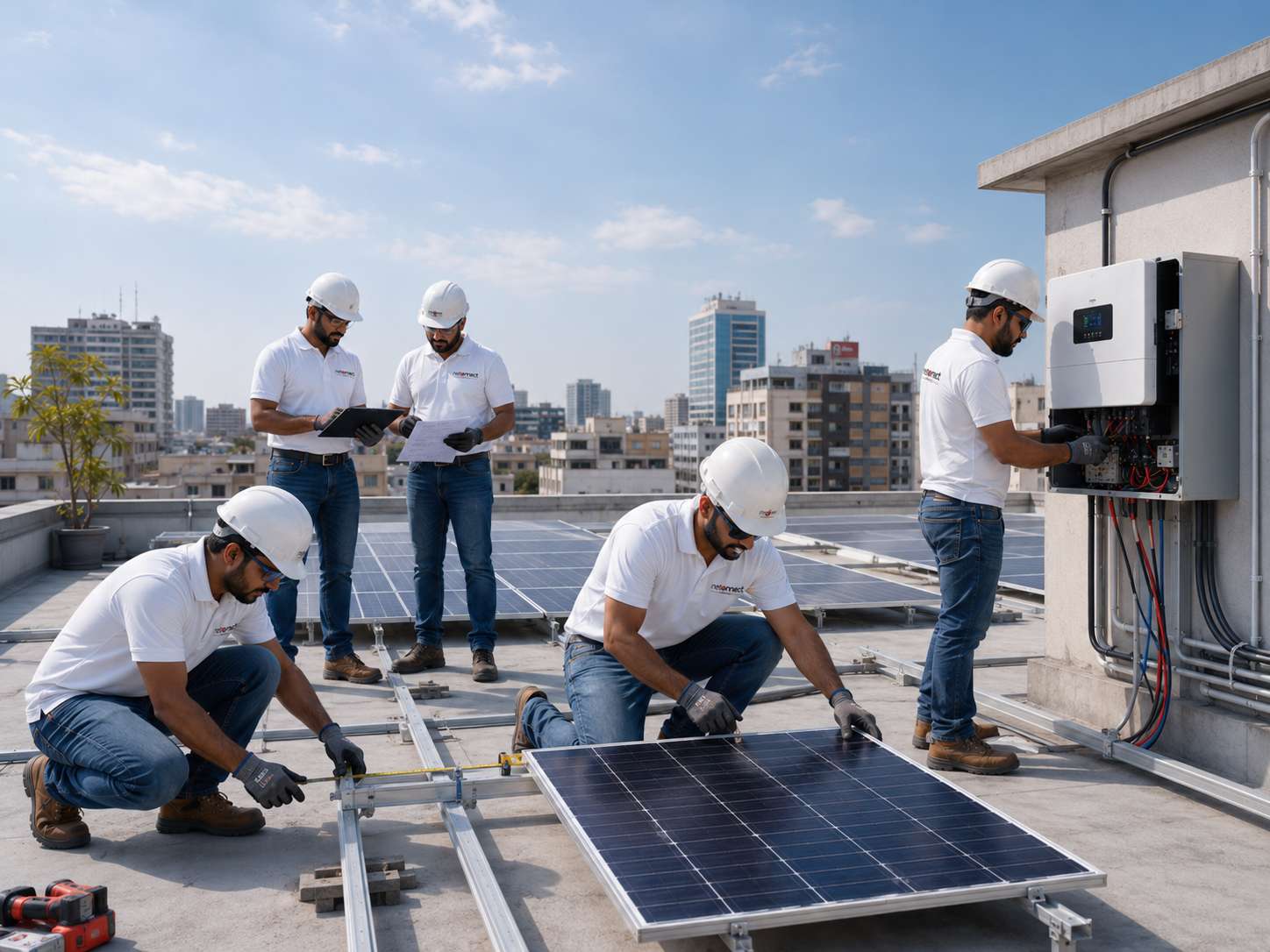 NCT solar installation team safely installing rooftop panels and configuring an inverter in Pakistan
